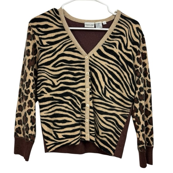 Vintage Y2K Newport News Size M Lambswool Angora Tiger Leopard Cardigan Sweater - Picture 1 of 6